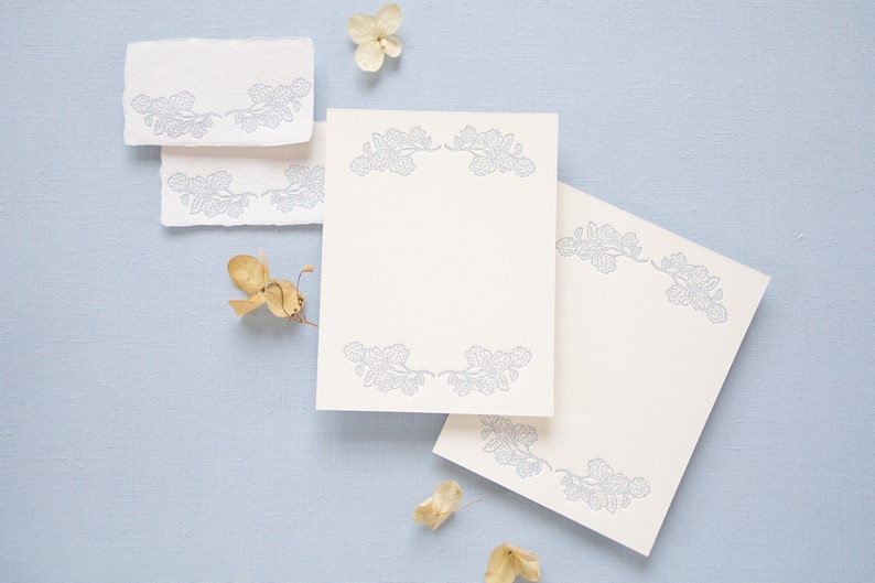 Hydrangea Hand-drawn Letterpressed in Blue Place Cards on Handmade Paper or A2 Note Cards onCardstock Set of 5 image 1