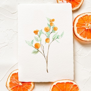 Acuarela, tallo de rama naranja, 5 x 7 pulgadas, impresión en cartulina o papel hecho a mano