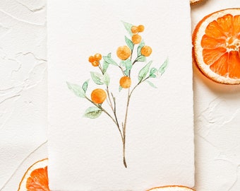 Watercolor Orange Stem Branch 5x7" Print card stock or handmade paper