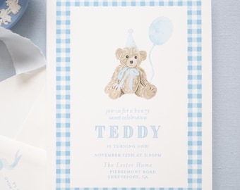 Bear-y Sweet | Teddy Bear with Blue Balloon Themed Invitation Download | Ready to Print