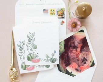 Watermelon Vine Handmade Paper Stationery with Lined Envelopes | Set of 5