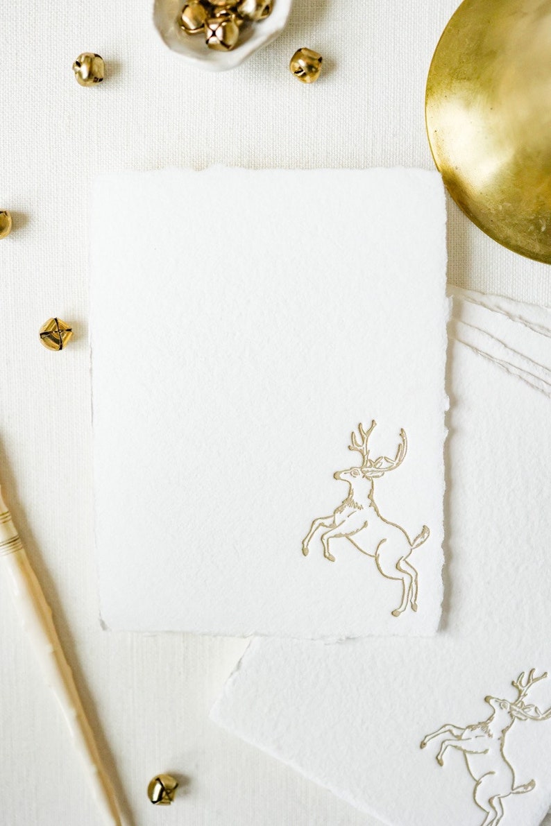 Letterpressed Reindeer Christmas Note Cards on White Handmade Paper set of 5 A2 size image 2