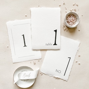 Table Numbers on White Handmade Paper with Deckled Edges 5x7 Inches Classic-Traditional-Modern Designs - ink color options- wedding day of