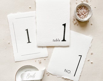 Table Numbers on White Handmade Paper with Deckled Edges 5x7 Inches Classic-Traditional-Modern Designs - ink color options- wedding day of