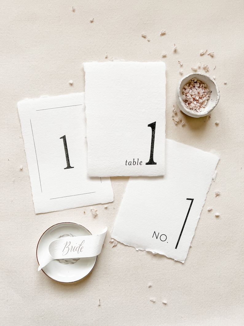 Table Numbers on White Handmade Paper with Deckled Edges 5x7 Inches Classic-Traditional-Modern Designs ink color options wedding day of image 1