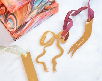 Bow and Ribbon Gold Acrylic Christmas gift tags, ornament | Personalized