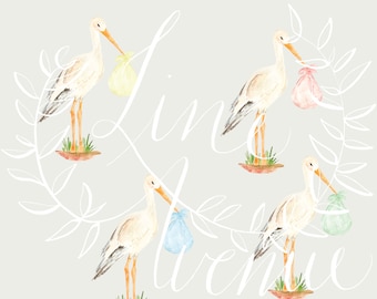 Stork Watercolor Handpainted- Pink- Blue- Green- Yellow- Digital Download