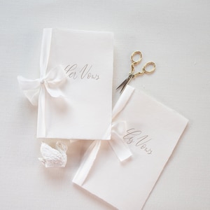 LETTERPRESSED Pair ‘his and hers’ or single ‘our’ Wedding Vow Books on Handmade Paper with Silk Ribbon | Flat lay styling