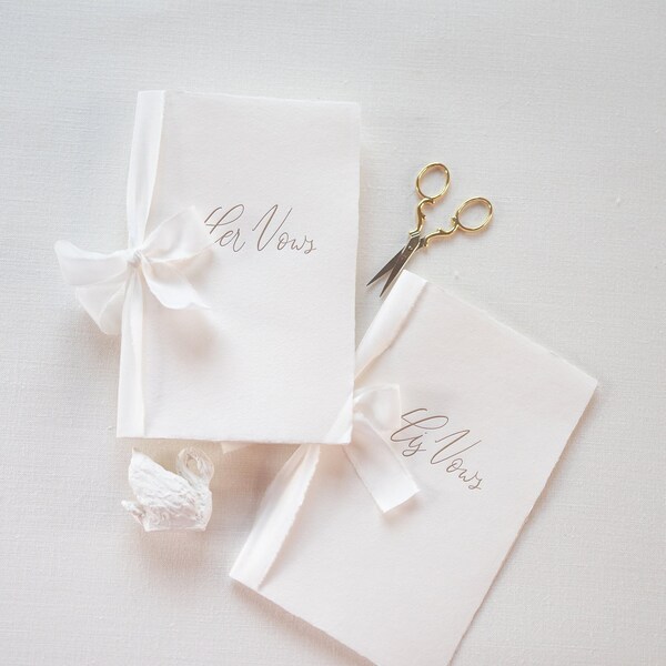 LETTERPRESSED Pair ‘his and hers’ or single ‘our’ Wedding Vow Books on Handmade Paper with Silk Ribbon | Flat lay styling