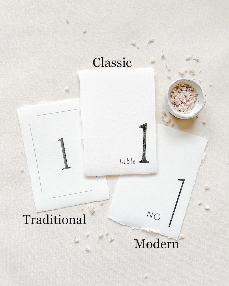 Table Numbers on White Handmade Paper with Deckled Edges 5x7 Inches Classic-Traditional-Modern Designs ink color options wedding day of image 2