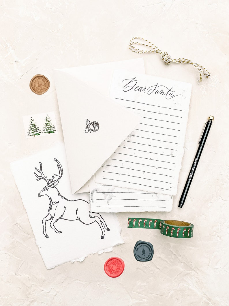 Letter TO Santa Claus Writing Kit with Handmade Fern Paper, Washi Tape, Pen, 3D Stickers, Vintage Stamps image 5