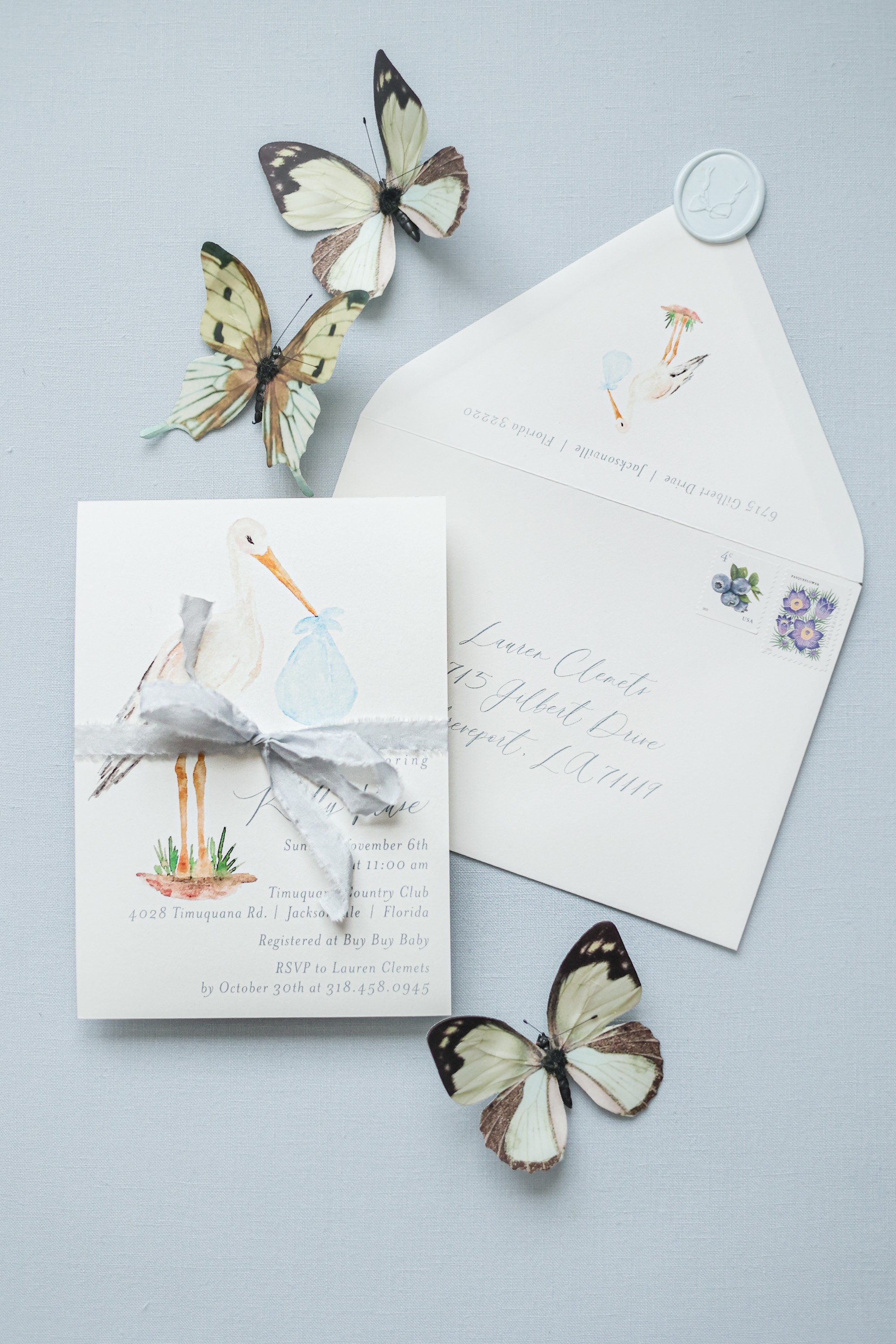 Stork Watercolor Baby Shower Invitations SemiCustom Cardstock OR