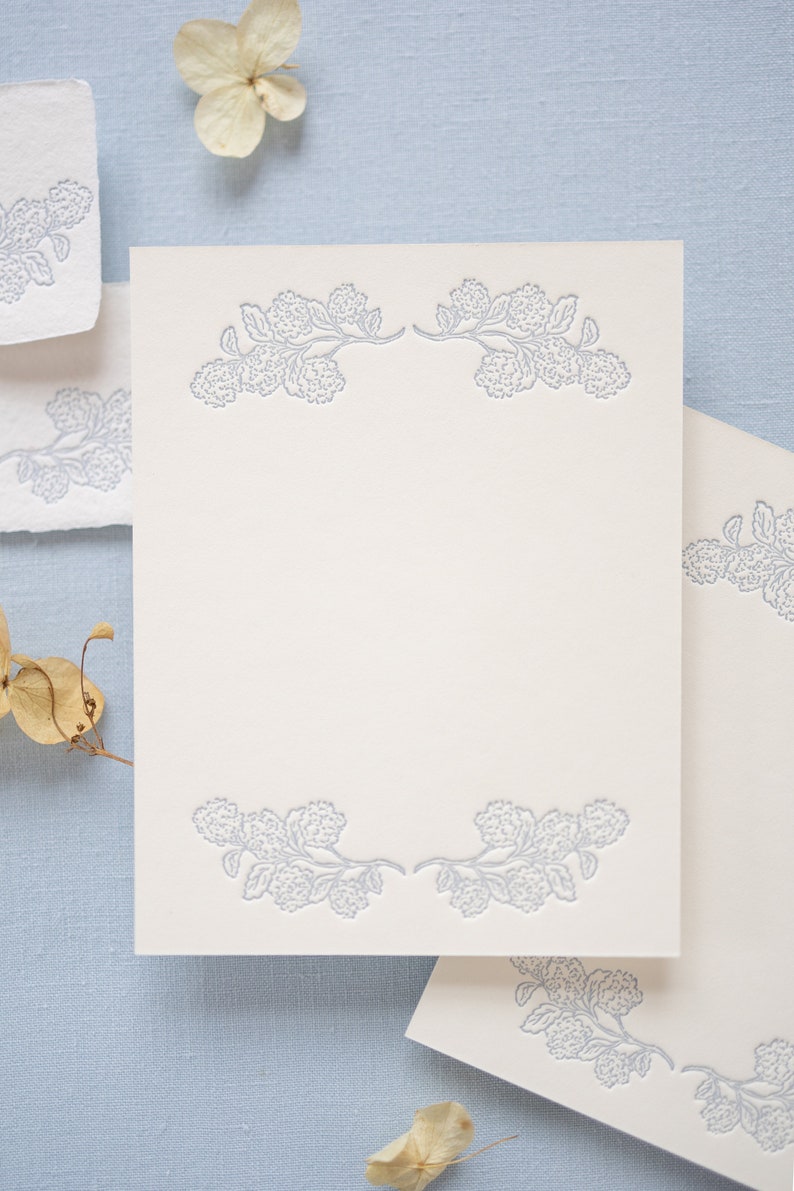 Hydrangea Hand-drawn Letterpressed in Blue Place Cards on Handmade Paper or A2 Note Cards onCardstock Set of 5 CardStock Note Cards