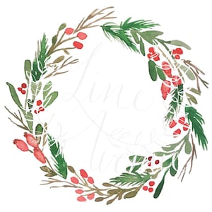 Watercolor Green and Red Christmas Fir and Berry Wreath Download