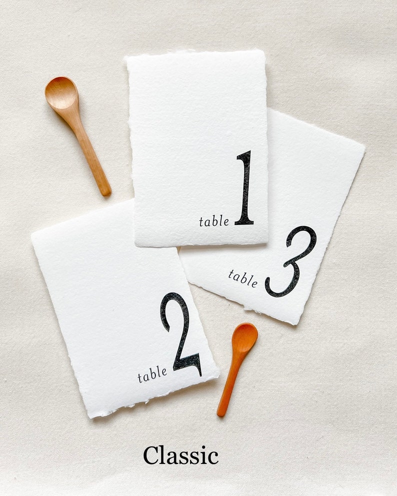 Table Numbers on White Handmade Paper with Deckled Edges 5x7 Inches Classic-Traditional-Modern Designs ink color options wedding day of image 4