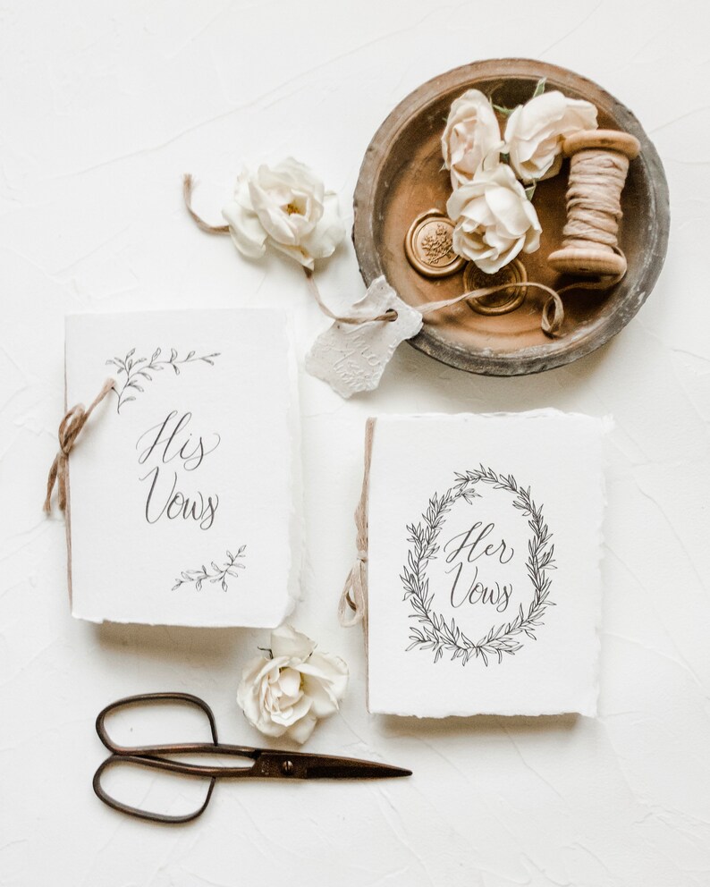 Smaller Wedding Vow Book on Handmade Paper with Cotton Ribbon Flat Lay Styling image 4