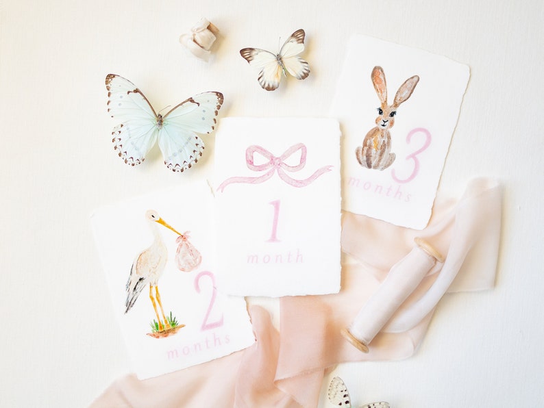 Monthly Milestone Cards Watercolor Bow, Stork, Bunny Baby Set of 12 Months on Handmade Paper or White Cardstock Pink Blue Yellow Green Handmade Paper