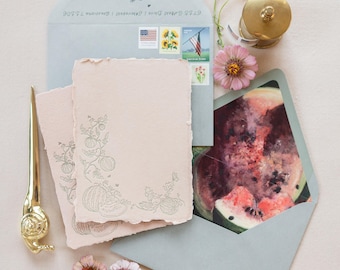 Watermelon Vine Letterpress Handmade Paper Stationery with Lined Envelopes | Set of 5