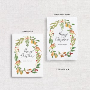 SEMI CUSTOM Christmas Holiday Cards Set of 25 featuring Watercolor and Calligraphy on Carsdstock OR Handmade Paper image 1