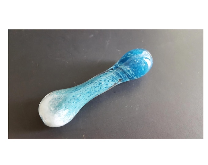 Featured listing image: Ocean themed glass chillum pipe with white, teal, and blue