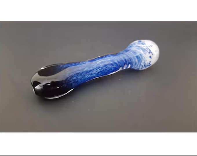 Featured listing image: Glass chillum pipe with black, cobalt blue, and white