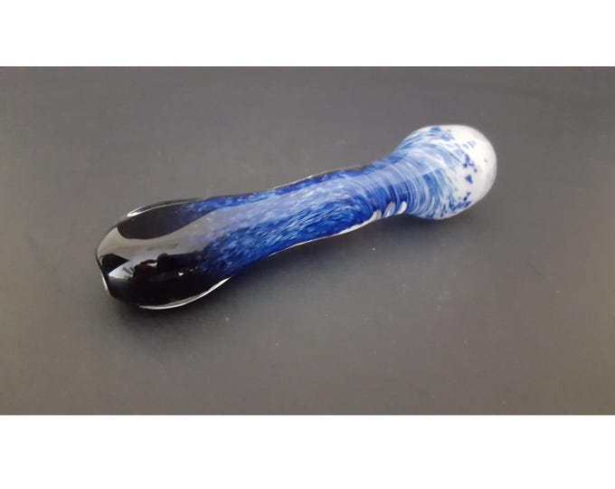 Featured listing image: Glass chillum pipe with black, cobalt blue, and white