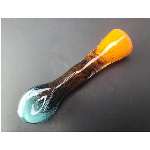Glass chillum, one hitter pipe, with teal, black, and orange