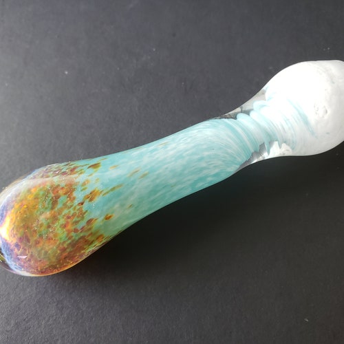 Glass chillum, one hitter, pipe with amber purple, teal, and white