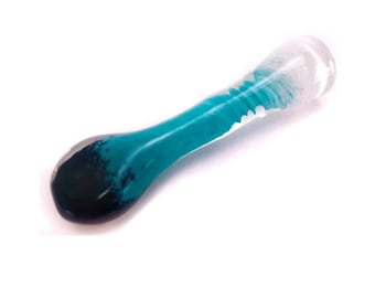 Vibrant glass chillum pipe, one hitter, with black, teal, and white