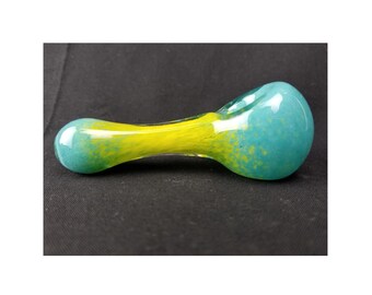 Handmade glass pipe with teal and yellow