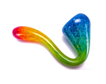 Rainbow glass Sherlock pipe with red, orange, yellow, teal, and blue