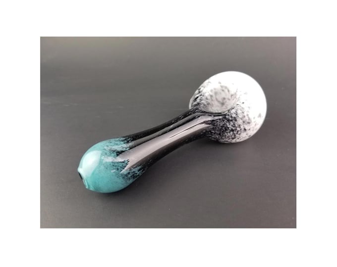 Featured listing image: Sleek glass pipe with teal, black and white, pocket pipe, smoking bowl