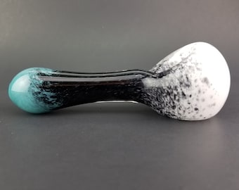 Handmade Glass Pipe With Teal, Black and White, Smoking Pipe, Tobacco Pipe