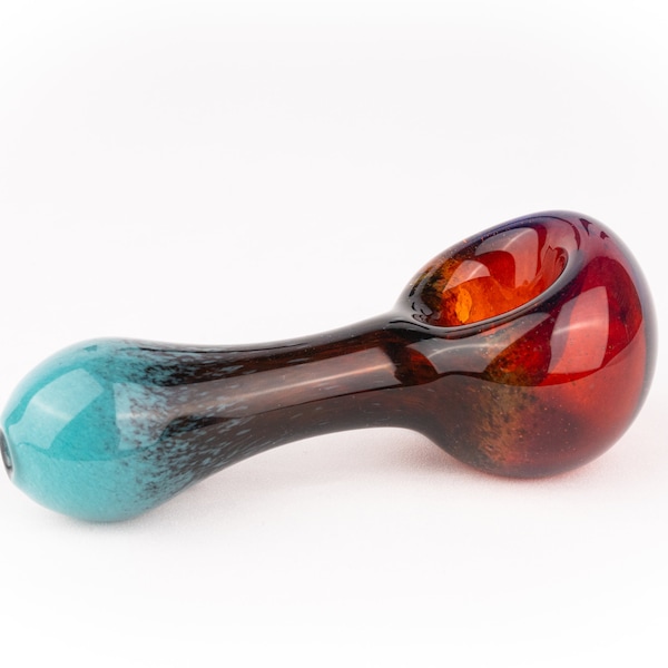 Handmade Glass Pipe in Teal, Black, and Amber Purple, Tobacco Smoking Bowl, Spoon