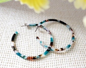 Emma Teal Turquoise Green Hoop Earrings, Tortoise Earrings, Tortoise Shell Earrings, Tortoise Shell Hoop Earrings, Tortoise Hoop Earrings