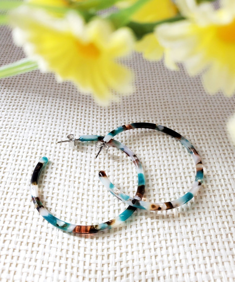 Emma Teal Turquoise Green Hoop Earrings, Tortoise Earrings, Tortoise Shell Earrings, Tortoise Shell Hoop Earrings, Tortoise Hoop Earrings 