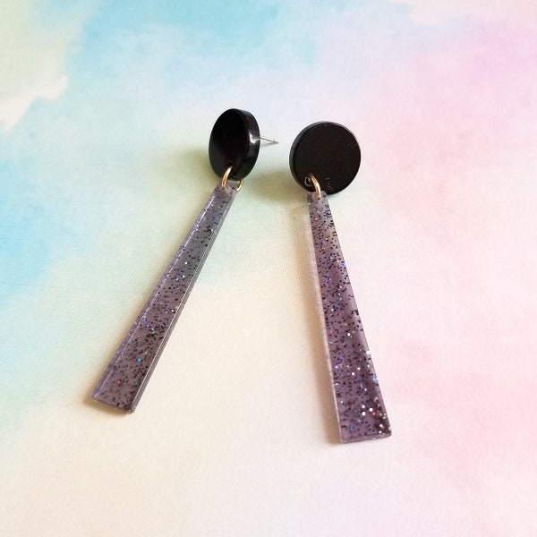 Rhea Black Diamond Confetti Stick Earrings,  Lucite Dangle Earrings, Transparent Trapezoid Drop Earrings, Gray Clear Dangle Earrings