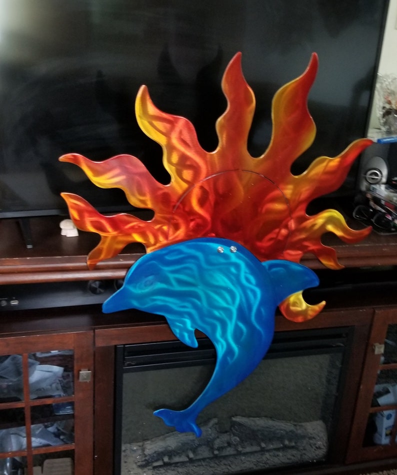 Dolphin Wall Decor Metal Art Sun Plasma Cut Dolphins Large Etsy