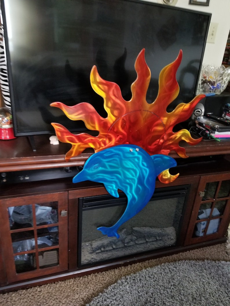 Dolphin Wall Decor Metal Art Sun Plasma Cut Dolphins Large Etsy