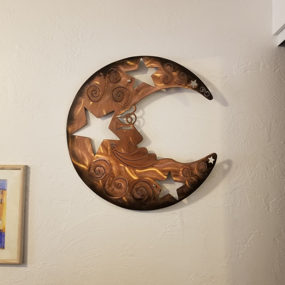 Metal Wall Art Moon Indoor Outdoor Heat Patina Moon Decor Moon ETSY Handmade Metal Moon / Garden