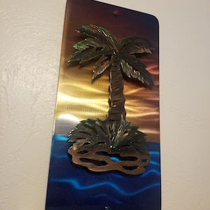 Kust muur kunst zonsondergang uniek interieur palmboom strand scène monogram metalen bord kust muur decor metalen muur kunst strand huis decor