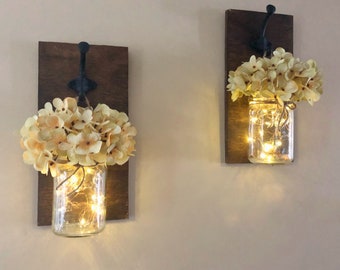 Rustic Mason Jar Sconces, Lighted Mason Jars, Fairy Lights, Artificial Hydrangeas, Country Home Decor, Bedroom Decor, Set of 2