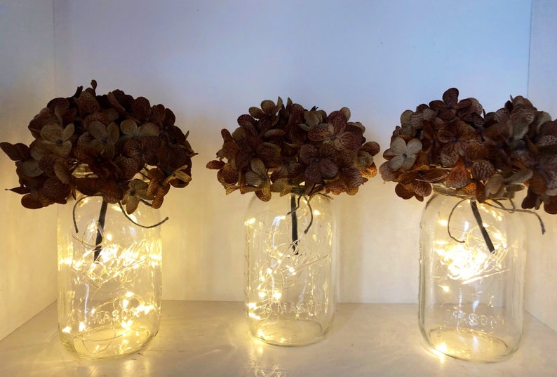 Mason Jars With Fairy Lights And Hydrangeas Set Of 3 Image 0