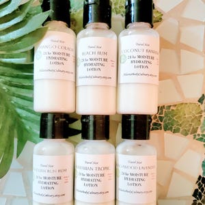 May include: Six travel-size lotion bottles with black caps and white labels. The labels read "Mango Colada," "Beach Bum," "Coconut Banana," "Brazilian Bum Bum," "Hawaiian Tropic," and "Beachwood Lavender." The bottles are arranged against a mosaic background.