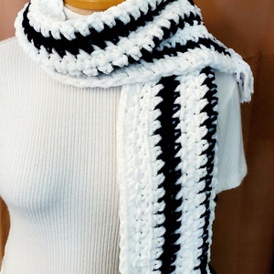 SALE Black and soft white Chenille cotton Poly scarf handmade organic crochet scarf soft and warm scarves