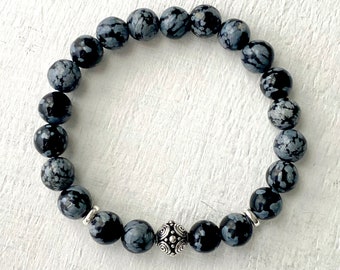 Snowflake Obsidian Bracelet, Mens Black Bracelet, Beads Bracelet, Protection Bracelet, Root and Third Eye Chakra Bracelet, Natural Gemstone