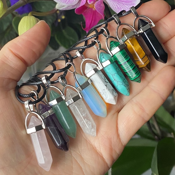 Crystal Point Pendant Necklace, Healing Crystal Necklace, Crystal Point Necklace, Gemstone Necklace, Amethyst, Rose Quartz, Onyx, Opalite