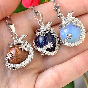 Crystal Dragon Pendant Necklace: Blue Sandstone, Opalite, Aventurine