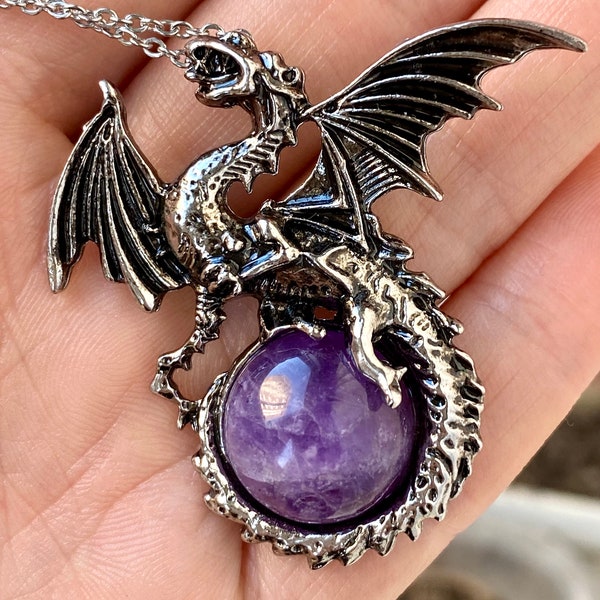 Amethyst Dragon Necklace for Men, Silver Dragon Pendant Necklace, Amethyst Crystal Ball Necklace, Mens Jewelry, Gift for Him, for Guys