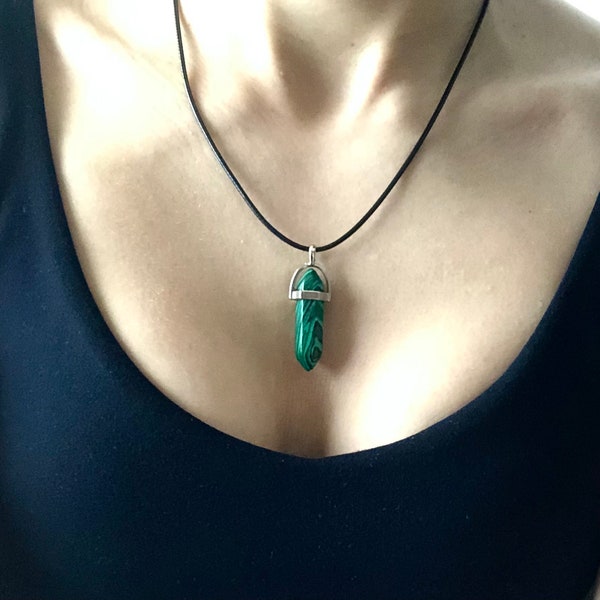 MALACHITE Necklace for Men or Women, Green Malachite Pendant Necklace, Stone Necklace with Chain or Black Cord